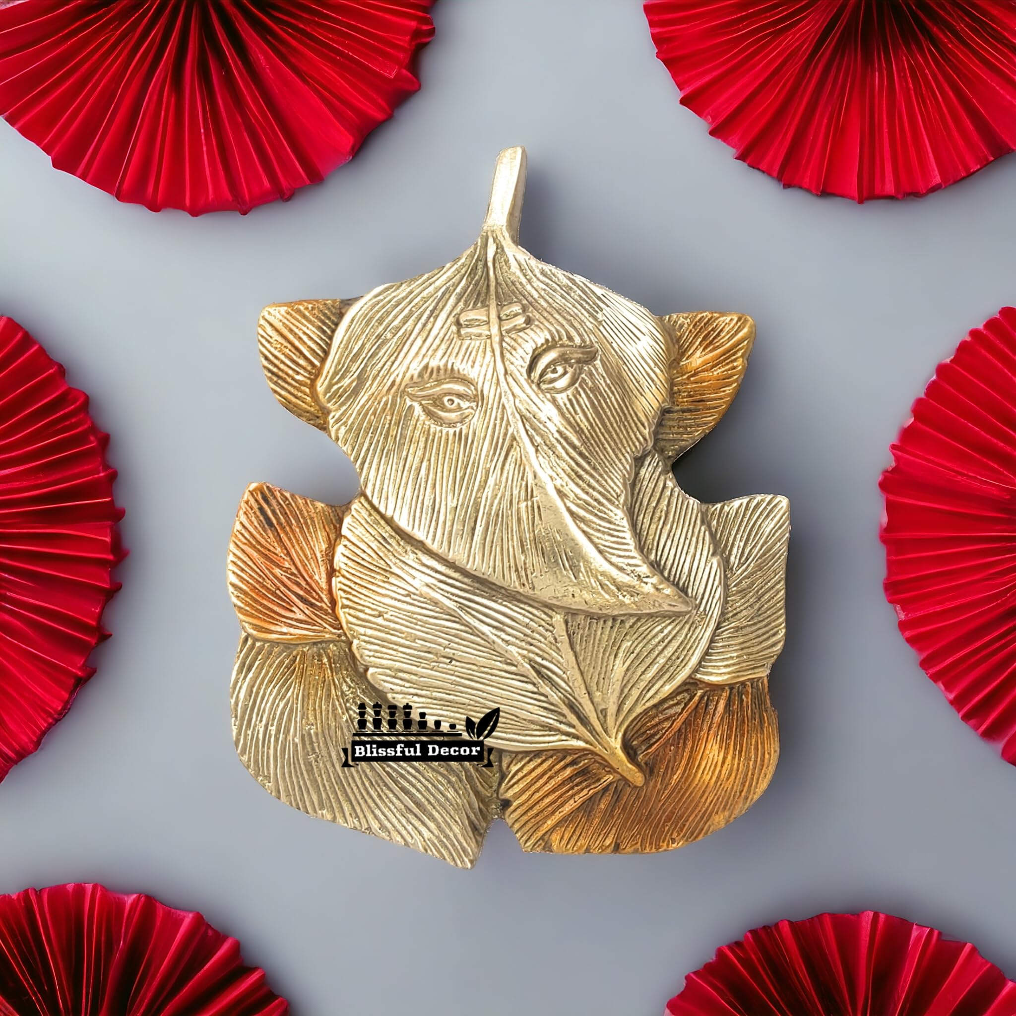 Blissful Decor Brass Pipal Leafs Ganesha Ganpati Idol Ganesha Wall Hanging Hanging Patta Ganesh Ji Ganesha Wall Sculpture Modern